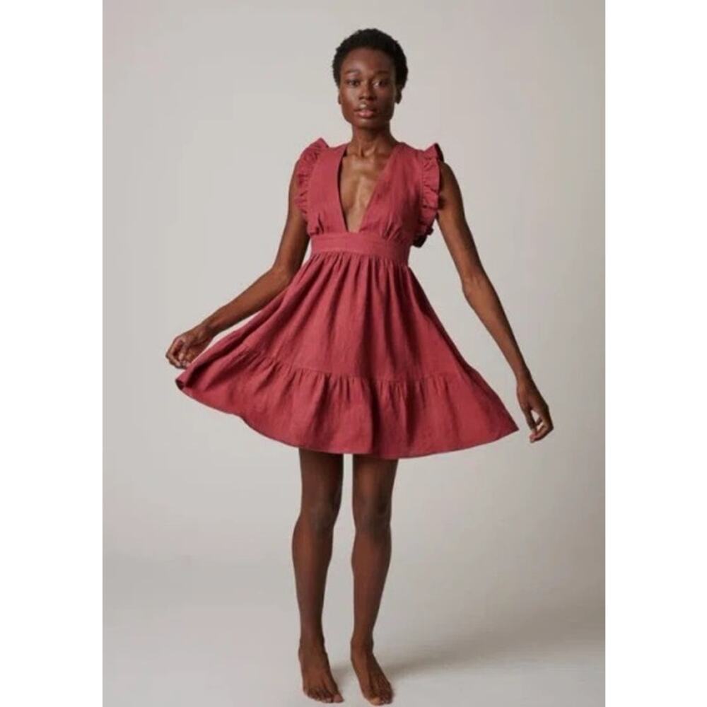 NWT Leisure Lab Chloe Mini Linen Dress in Sangria